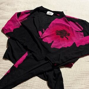 Black and Pink Floral Wrap Cardigan